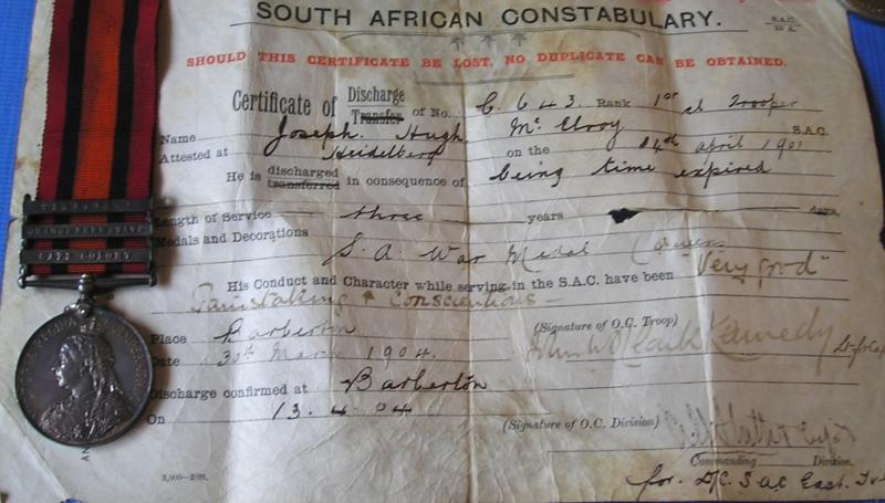 3 BAR QSA WITH ORIGINAL DISCHARGE DOCUMENT, SOUTH AFRICAN CONSTABULARY