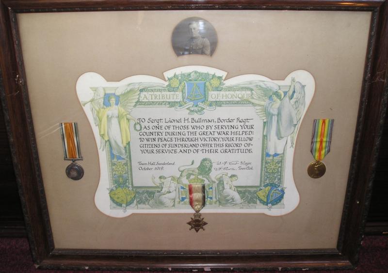 WW1 9th BORDER REGIMENT 1914-15 TRIO & SUNDERLAND WELCOME HOME CERTIFICATE IN A PERIOD FRAME
