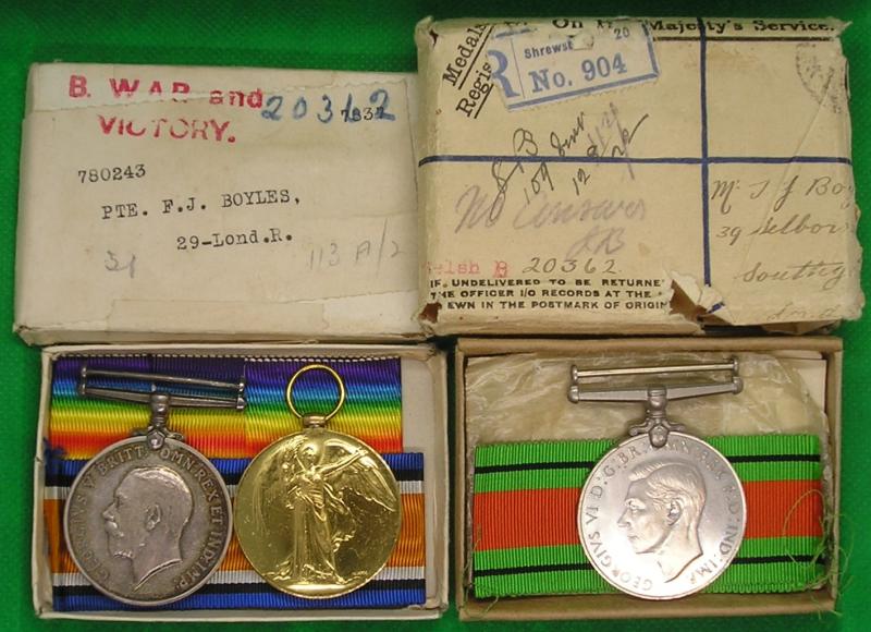 MINT BOXED WW1 PAIR & DEFENCE MEDAL, 29th LONDON REGIMENT