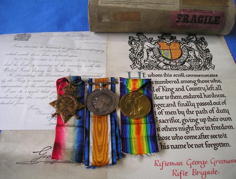 WW1 1914 MONS STAR TRIO & MEMORIAL SCROLL, 2nd RIFLE BRIGADE, KILLED IN ACTION F&F 28-11-1914, FROM NEW WORTLEY, LEEDS