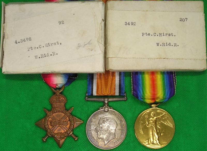 MINT BOXED 1914-15 TRIO, 4th WEST RIDING REGIMENT, KILLED IN ACTION F&F 11-12-1915, FROM HALIFAX