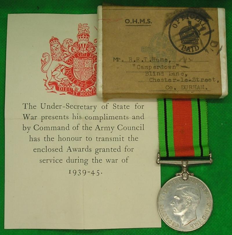 MINT BOXED WW2 DEFENCE MEDAL, DURHAM HOME GUARD OFFICER, FROM CHESTER-LE-STREET