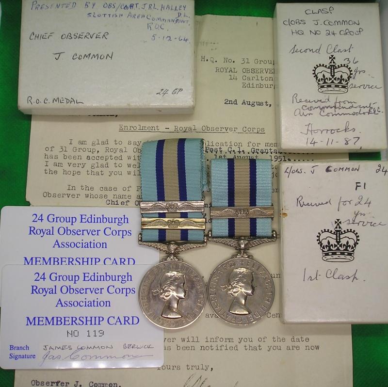 A FAMILY PAIR OF ROYAL OBSERVER CORPS LONG SERVICE MEDALS, A TWO BAR EXAMPLE TO THE FATHER & A ONE BAR EXAMPLE TO THE SON, WITH BOXES OF ISSUE & ORIGINAL DOCUMENTS, NO-24 EDINBURGH GROUP