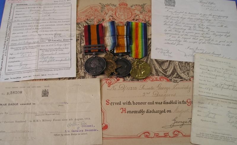 2 BAR QSA & 1914-15 TRIO WITH ORIGINAL DISCHARGE CERTIFICATE & OTHER DOCUMENTS, IMPERIAL YEOMANRY / ROYAL SCOTS GREYS, LOST HIS LEFT FOOT DUE TO GUN SHOT WOUNDS