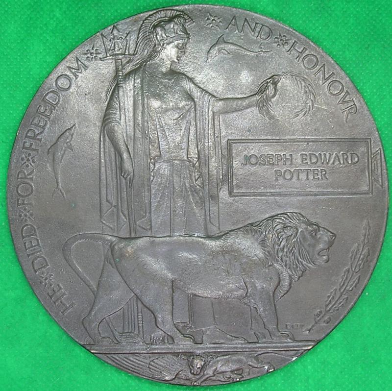 WW1 MEMORIAL PLAQUE, JOSEPH EDWARD POTTER