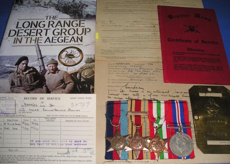 WW2 GROUP WITH ORIGINAL DOCUMENTS, 7th R.T.R & LONG RANGE DESERT GROUP, WOUNDED & P.O.W IN THE AEGEAN