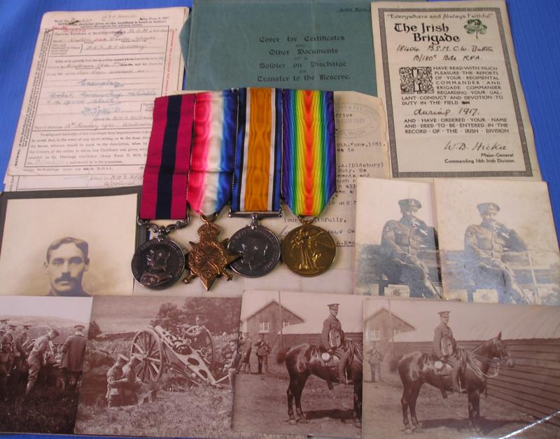 WW1 DCM & 1914-15 TRIO WITH ORIGINAL DOCUMENTS, PHOTOS & DIVISIONAL GALLANTRY CARD FROM THE 16th IRISH DIVISION, B-108th BDE RFA, FROM DIDSBURY