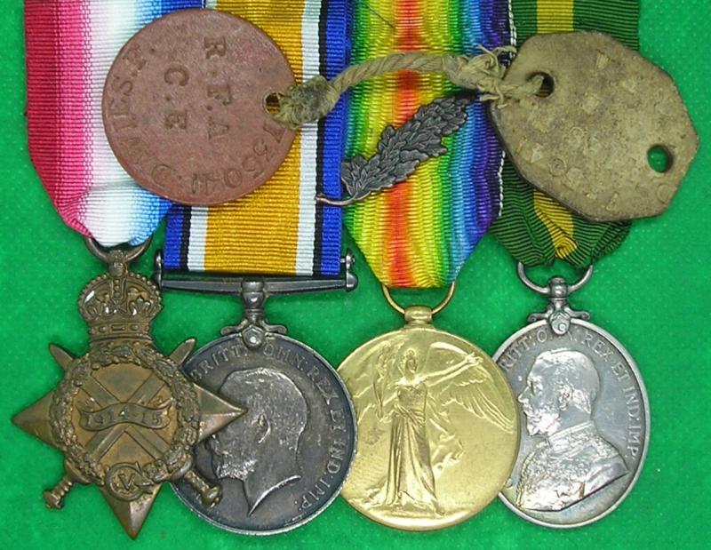 WW1 1914-15 TRIO & T.F.E.M, 4th WELSH / 1st CHESHIRE BRIGADE.R.F.A, M.I.D FOR SERVICES IN EGYPT 12-1-1920, WITH DOG TAGS