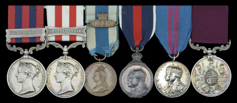 IGS PERSIA, INDIAN MUTINY CENTRAL INDIA, 1887 JUBILEE WITH 1897 CLASP, 1902 CORONATION, 1911 CORONATION & QV LS&GC, 14th HUSSARS & YEOMAN OF THE GUARD