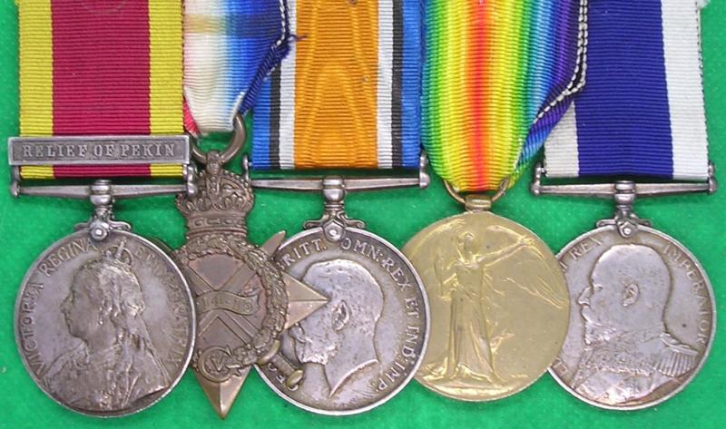 CHINA 1900, RELIEF OF PEKIN, 1914-15 TRIO & EVII RN LS&GC, HMS ORLANDO & HMS HERMES, BULLET WOUNDS TO BOTH THIGHS AT LANGFANG 18-6-1900
