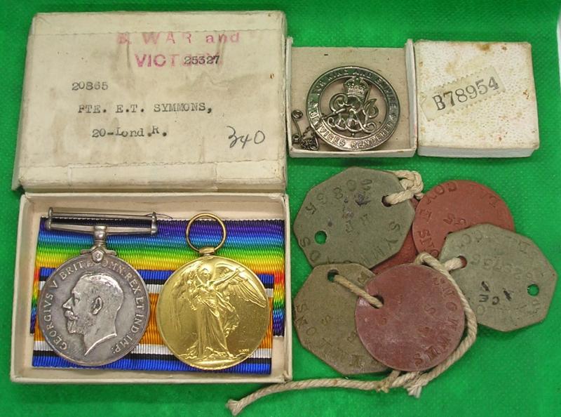MINT BOXED PAIR & ORIGINAL SILVER WAR BADGE, 20th LONDON REGT, WITH THREE PAIRS OF DOG TAGS