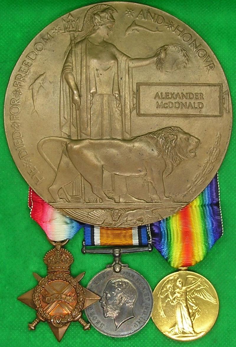 WW1 1914-15 TRIO & MEMORIAL PLAQUE, 1st GORDON HIGHLANDERS, K.I.A F&F 25-9-1915, FIRST DAY OF LOOS, FROM EDINBURGH