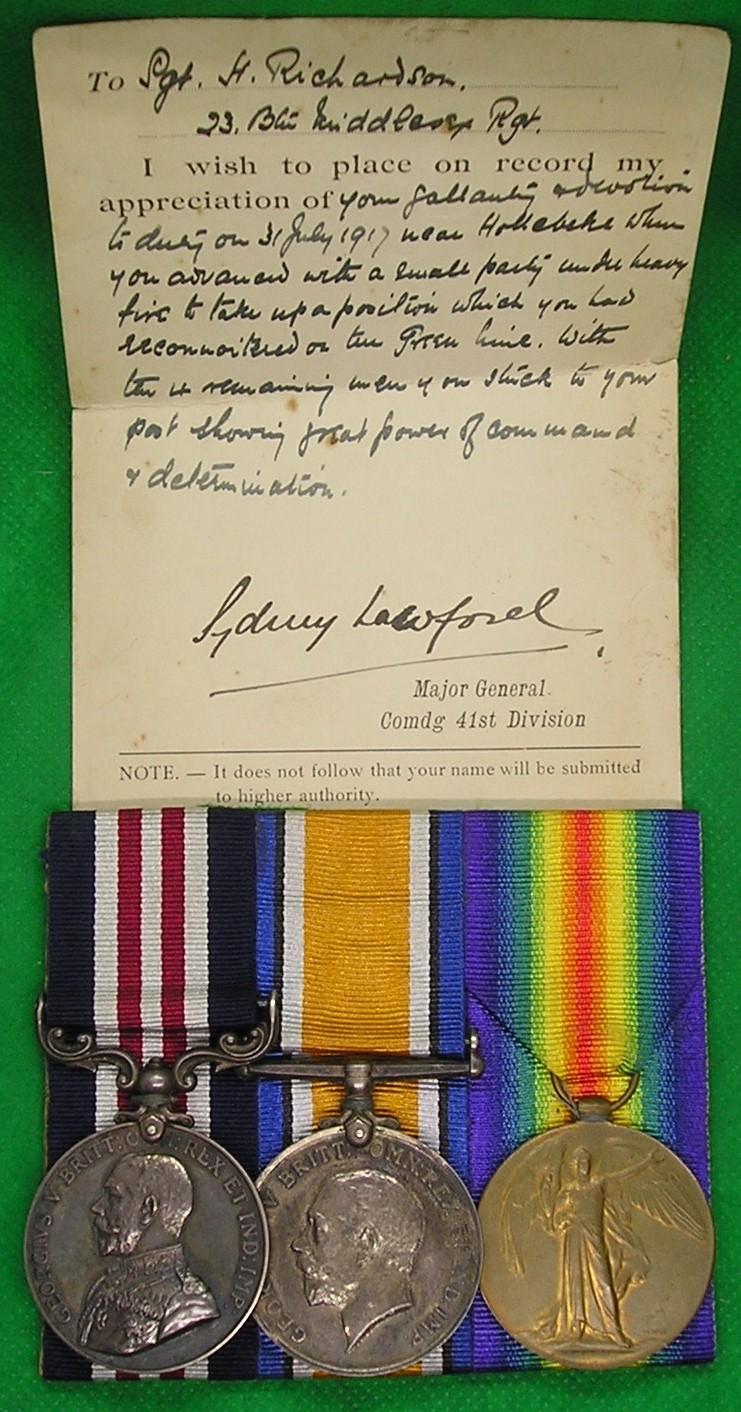 WW1 MILITARY MEDAL (MM) & PAIR WITH DIVISIONAL GALLANTRY CARD, 23rd MIDDLESEX REGT / FOOTBALLERS BTN, FROM EALING