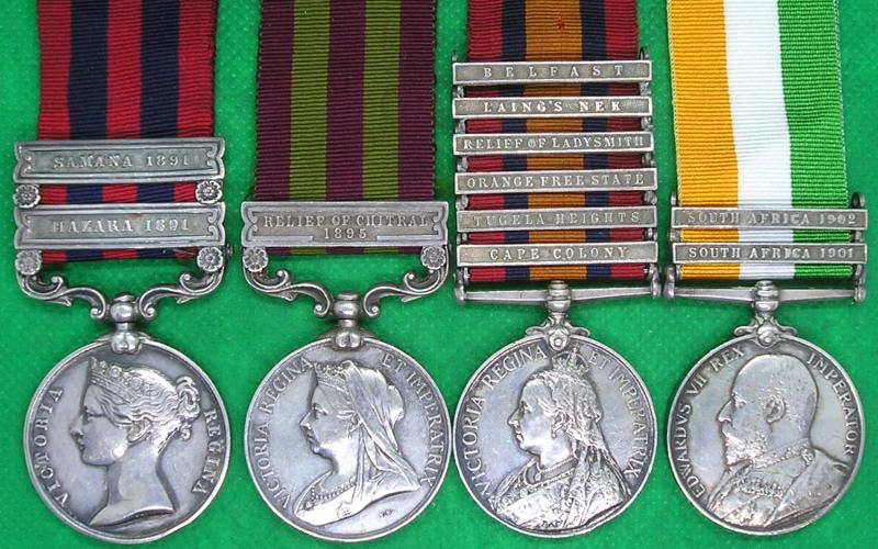 2 BAR IGS 1854 HAZARA & SAMANA 1891, IGS 1895 RELIEF OF CHITRAL, 6 BAR QSA & KSA PAIR, 1st K.R.R.C