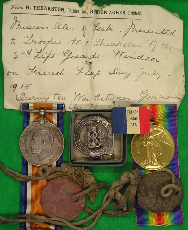 WW1 PAIR, ORIGINAL SILVER WAR BADGE, DOG TAGS, DOCUMENTS, 2nd LIFE GUARDS, LOST HIS RIGHT ARM 1917