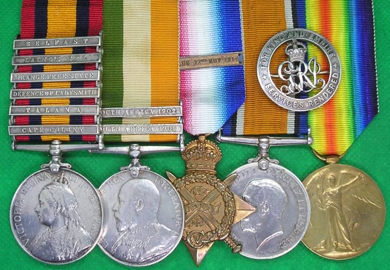 6 BAR QSA TALANA / DEFENCE OF LADYSMITH, KSA, 1914 STAR & BAR TRIO WITH ORIGINAL SILVER WAR BADGE, 1st K.R.R.C