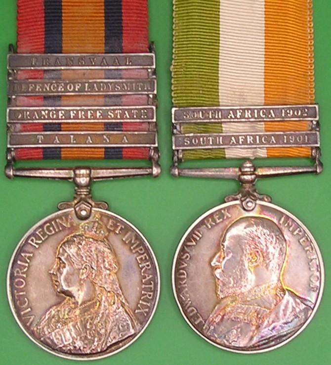 4 BAR QSA & KSA PAIR, TALANA / DEFENCE OF LADYSMITH, 1st ROYAL IRISH FUSILIERS