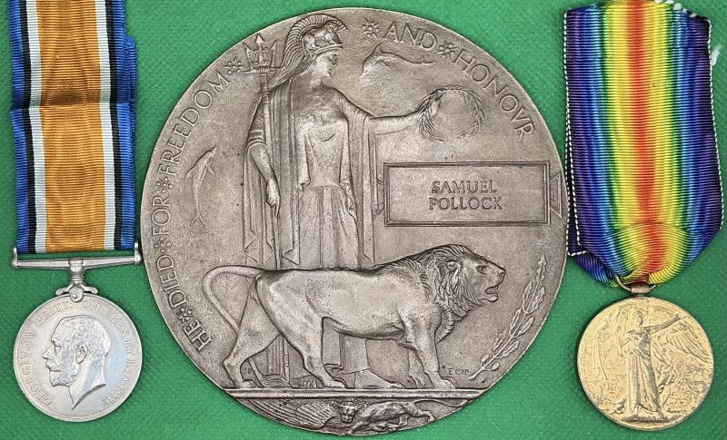 WW1 PAIR & MEMORIAL PLAQUE, 2nd ROYAL SCOTS FUSILIERS, DIED F&F 14-10-1918, FROM BEATH, FIFESHIRE