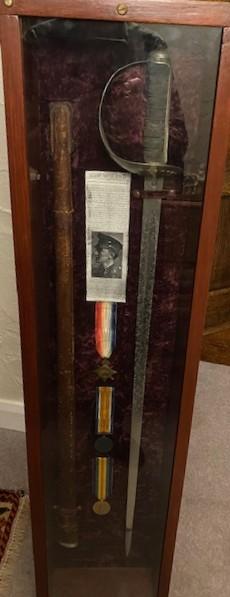 WW1 1914-15 TRIO, OFFICER 9th LIVERPOOL REGT, D.O.W F&F 12-11-1916, WITH THE RECIPIENTS SWORD, HOUSED IN A GLAZED CASE, FROM BOOTLE