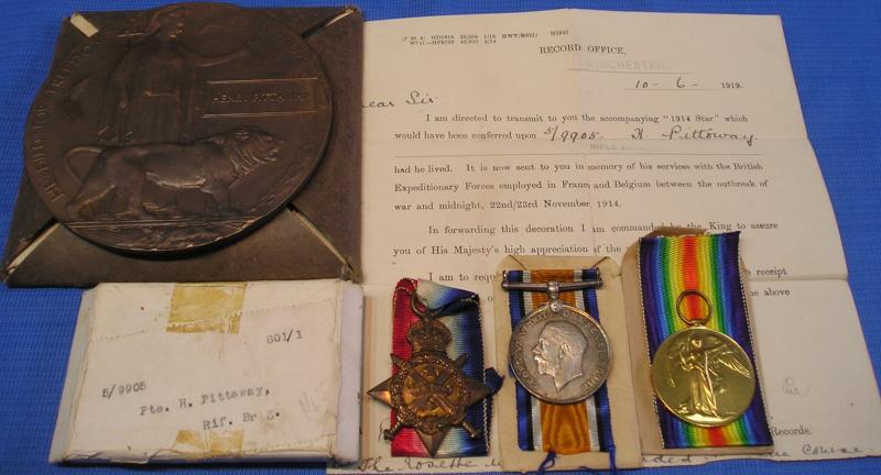 MINT BOXED 1914 STAR TRIO & MEMORIAL PLAQUE, 1st RIFLE BRIGADE, K.I.A F&F 27-4-1915, FROM FULHAM