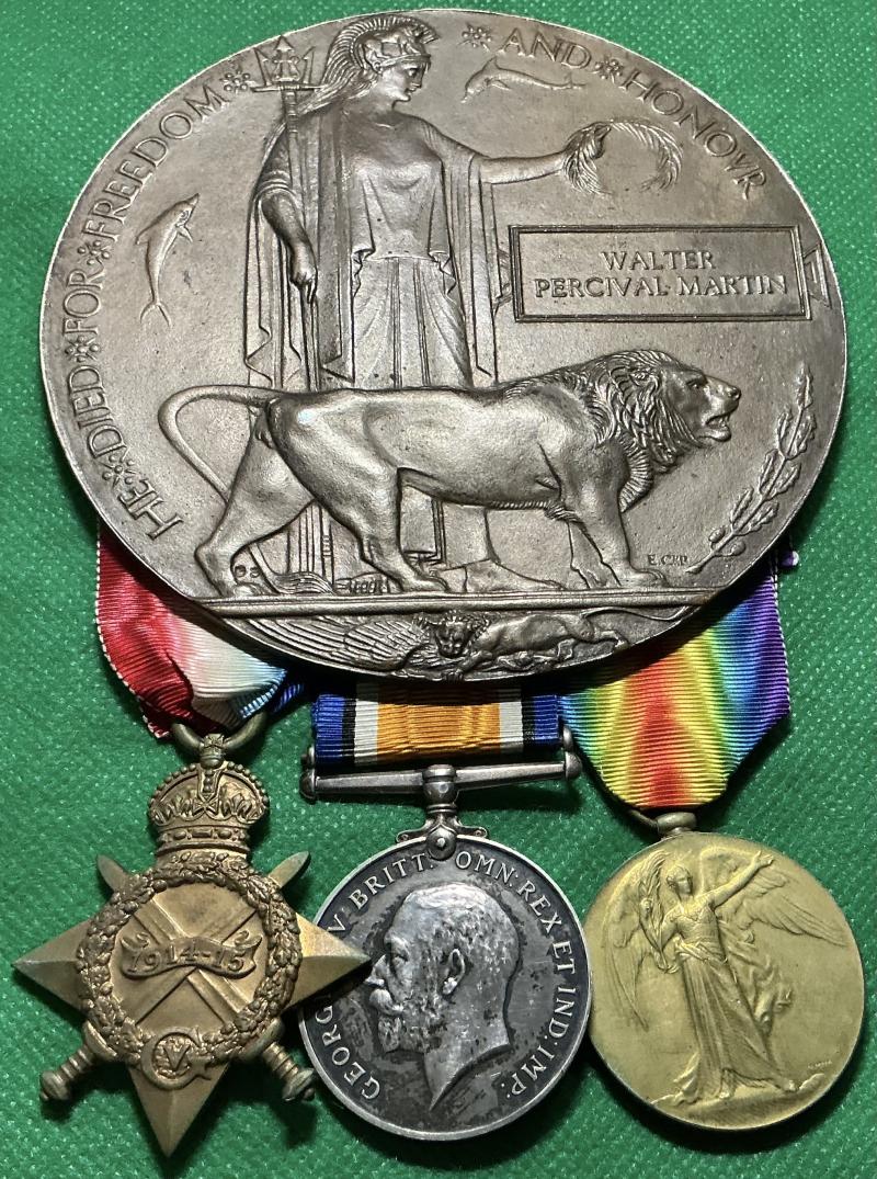 WW1 1914-15 TRIO & MEMORIAL PLAQUE, H.A.C & 7th D.C.L.I OFFICER, K.I.A F&F 24-8-1916