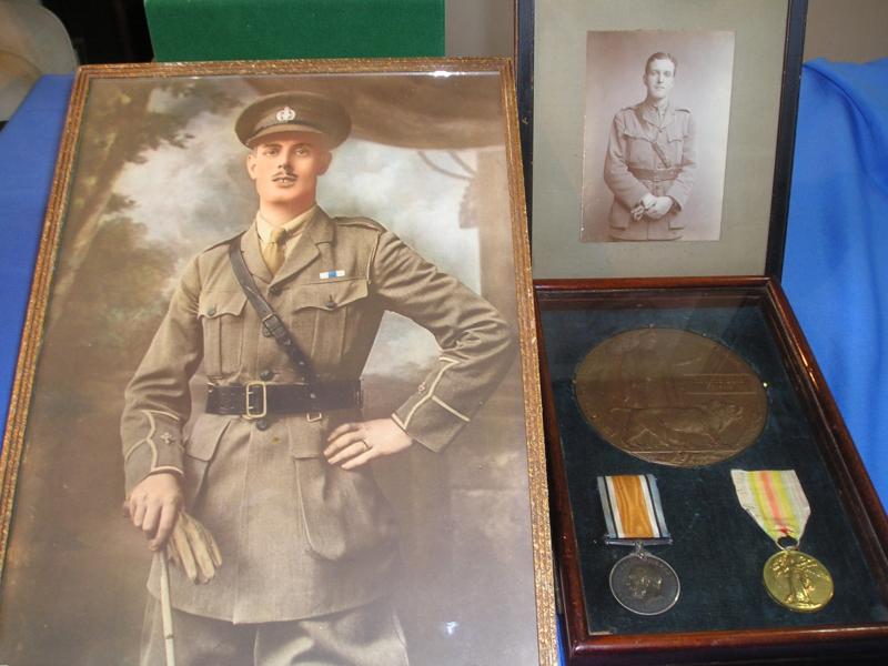 WW1 OFFICERS PAIR & PLAQUE, IN A PERIOD FRAME, WITH PHOTOGRAPHS, 2nd DEVON REGIMENT, K.I.A F&F 21-2-1918. FROM OXFORD