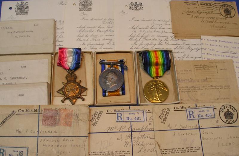 MINT BOXED WW1 1914-15 TRIO, LEEDS PALS / 15th W.YORK.R, K.I.A F&F 1-7-1916, FIRST DAY OF THE SOMME, WITH ORIGINAL DOCUMENTS