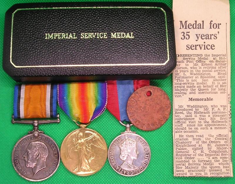 WW1 PAIR & EIIR ISM, WITH DOG TAG, 2/8th R.WARK.R  PRISONER OF WAR & POSTMAN FROM SPALDING, LINCS