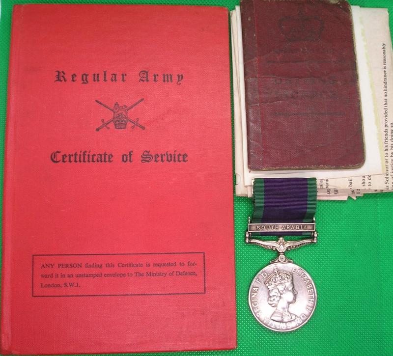 GSM SOUTH ARBIA WITH ORIGINAL DOCUMENTS, ROYAL NORTHUMBERLAND FUSILIERS, DISCHARGED FOR MISCONDUCT