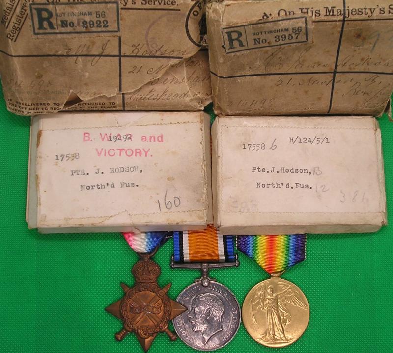 MINT BOXED 1914-15 TRIO, 1st NORTHUMBERLAND FUSILIERS, FROM BENSHAM , WOUNDED 1915