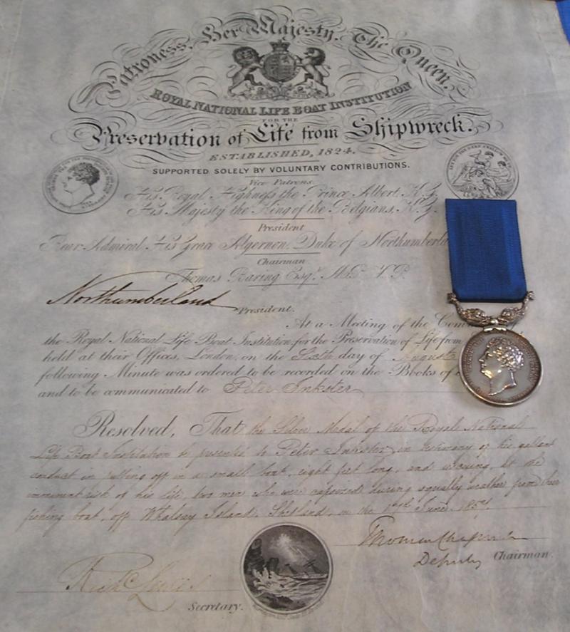 ROYAL NATIONAL LIFEBOAT INSTITUTION MEDAL, FOR LIFE SAVING OFF THE SHETLAND ISLANDS 1857, WITH ORIGINAL CERTIFICATE