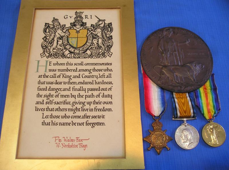 WW1 1914-15 TRIO & MEMORIAL PLAQUE WITH  MEMORIAL SCROLL, 1/5th W.YORK.R, K.I.A F&F 28-9-1916, FROM HARROGATE