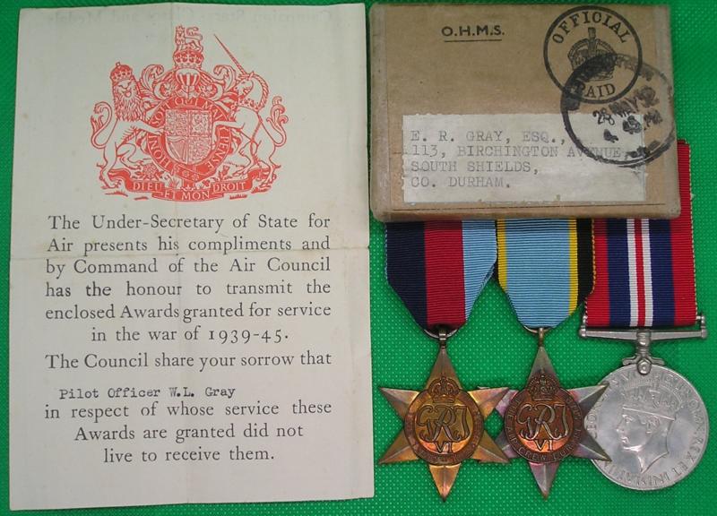 MINT BOXED WW2 CASUALTY GROUP, PILOT OFFICER, 90 SQUADRON R.A.F.VR, K.I.A 31-7-1943, FROM SOUTH SHIELDS