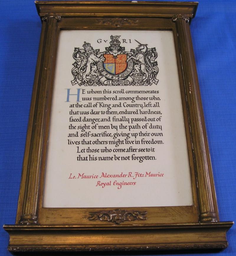 WW1 ROYAL ENGINEERS OFFICERS MEMORIAL SCROLL IN A PERIOD FRAME