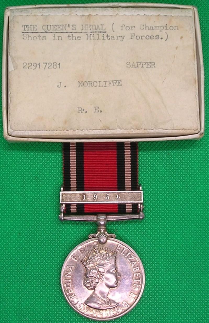 MINT BOXED QUEENS MEDAL FOR CHAMPION SHOTS 1956, ROYAL ENGINEERS, WITH BOX OF ISSUE