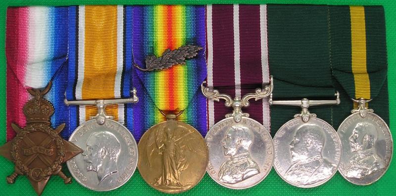 WW1 1914-15 TRIO, MSM, EVII VOLUNTEER MEDAL & GVR TFEM, 1st V.B.R.SUSSEX.R & 55th DIVISIONAL TRAIN A.S.C, M.I.D 1917