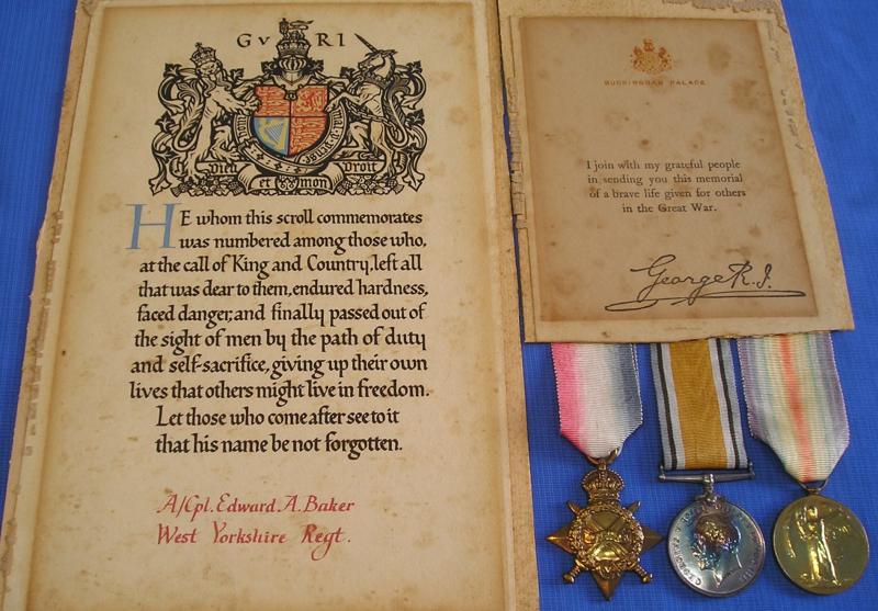 WW1 1914-15 TRIO & MEMORIAL SCROLL, 1/5th W.YORK.R, K.I.A F&F 5-8-1915, FROM HARROGATE