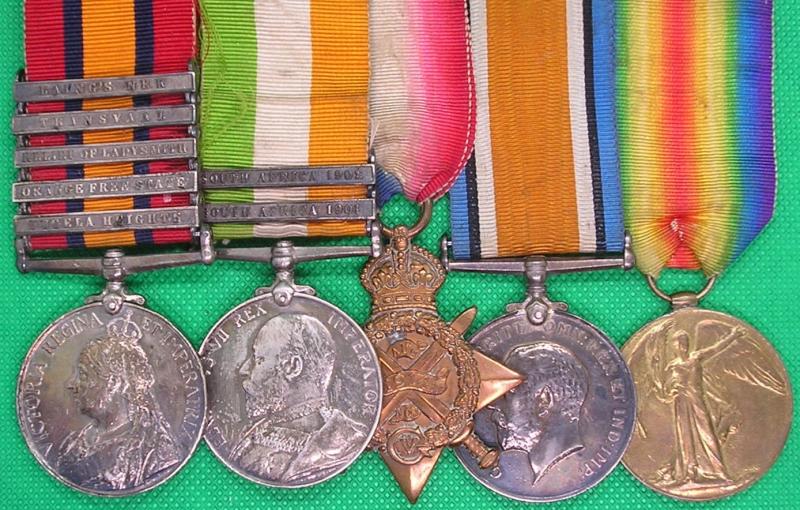 5 BAR QSA, KSA & 1914 TRIO, 1st DEVON REGIMENT, FROM EXMINSTER