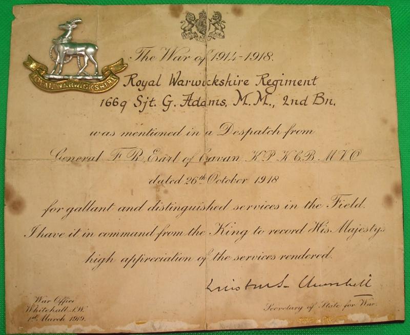 WW1 MILITARY MEDAL & 1914 TRIO, 2nd R.WARK.REGT, MM FRANCE 1918, M.I.D ITALY 1919, WITH ORIGINAL DOCUMENTS