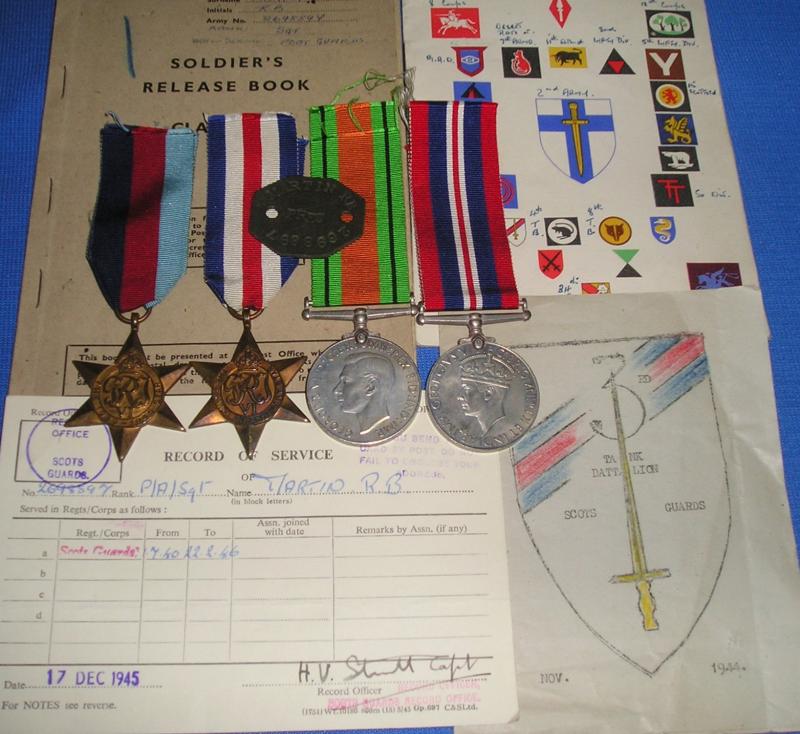 WW2 GROUP WITH ORIGINAL SERVICE DOCUMENTS, DOG TAG, PAPERS, 3rd TANK BATTALION, SCOTS GUARDS