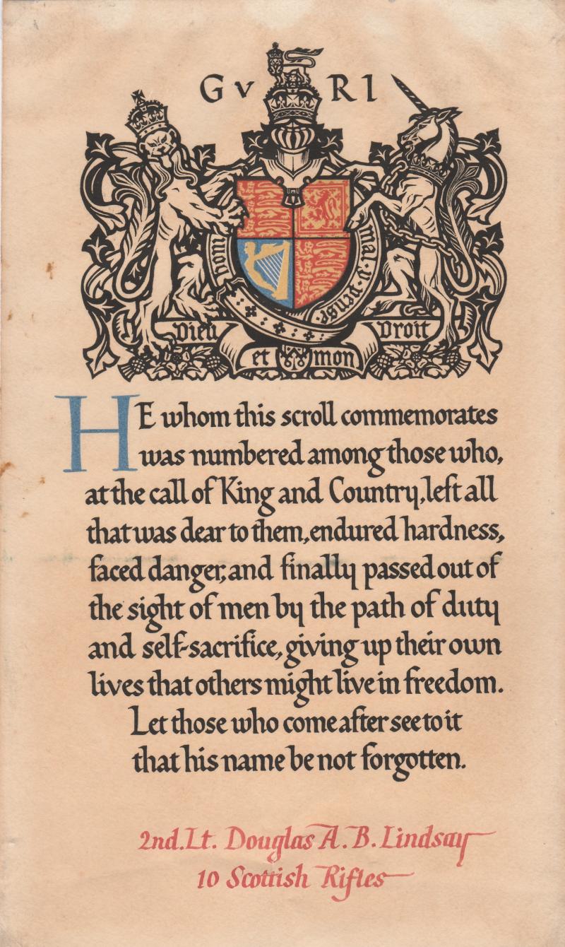 WW1 MEMORIAL SCROLL, 10th SCOTTISH RIFLES OFFICER, K.I.A F&F 25-9-1915, FIRST DAY OF LOOS