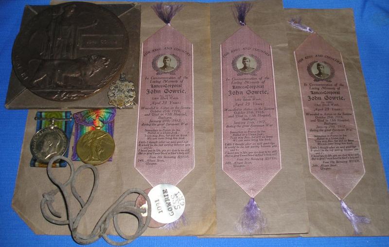 WW1 PAIR & MEMORIAL PLAQUE WITH SUPERB SILK BOOKMARKS, DOG TAGS, SPORTS MEDAL, 1/6th BLACK WATCH, D.O.W F&F 29-1-1917, FROM COUPAR ANGUS