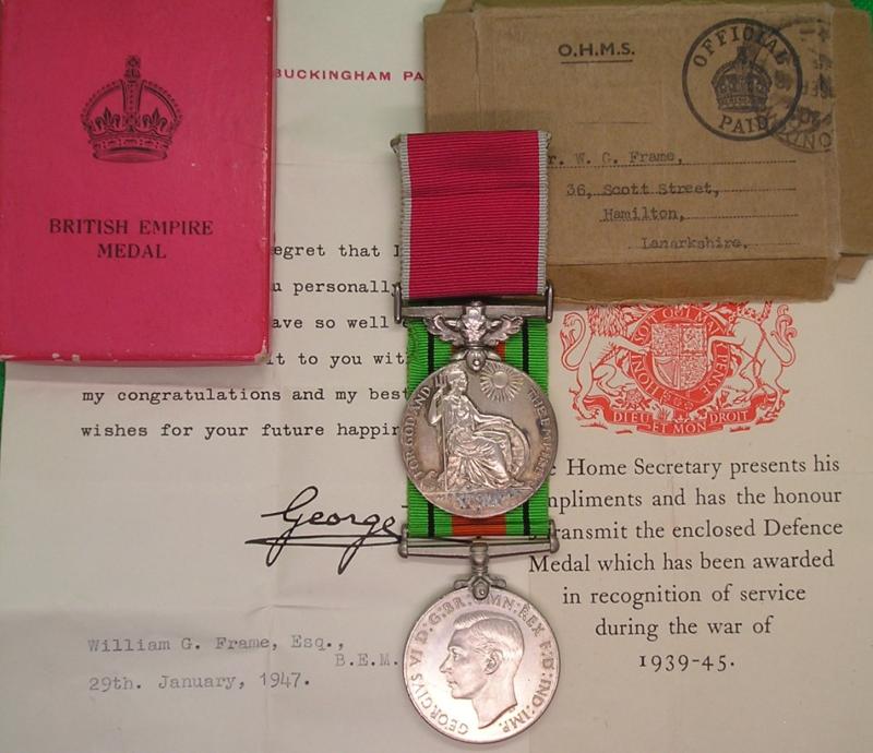 GVIR WW2 CIVIL B.E.M & DEFENCE MEDAL, ARP TRAINING OFFICER, HAMILTON, LANARKSHIRE, WITH BOXES OF ISSUE