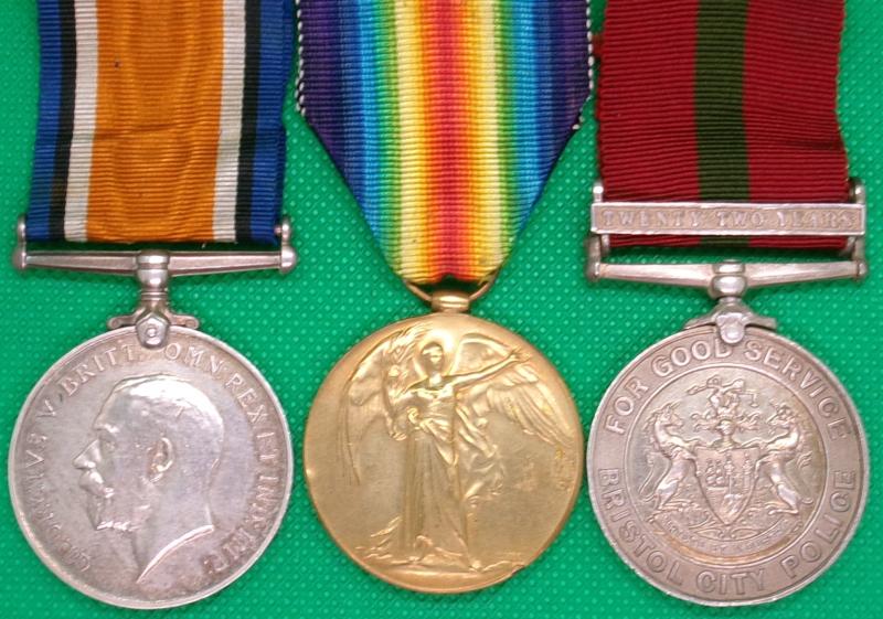 WW1 PAIR & BRISTOL CITY POLICE LONG SERVICE MEDAL WITH 22 YEAR CLASP
