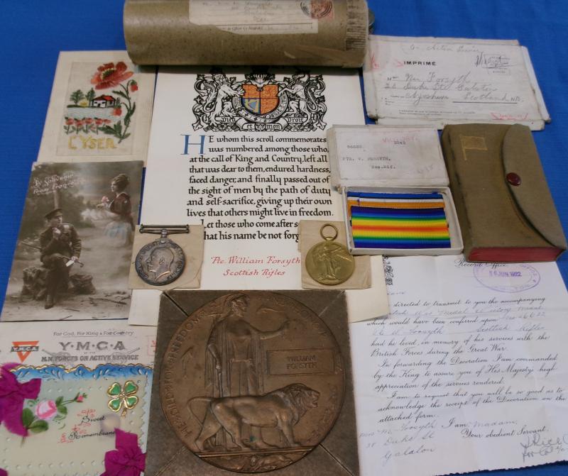 MINT BOXED WW1 PAIR, PLAQUE & MEMORIAL SCROLL, 8th SCOTTISH RIFLES, D.O.W F&F 10-9-1918 FROM GALSTON, AYR